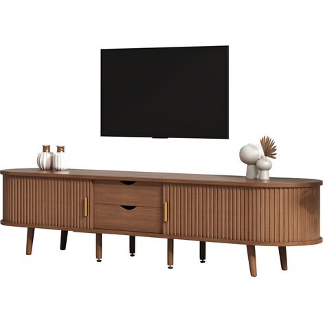175 × 40 × 42 cm Meuble TV de salon avec rangement et plateau rond effet bois MDF, 2 tiroirs, portes coulissantes télescopiques, finition noyer, adapté aux téléviseurs jusqu’à 75 pouces (1/5)