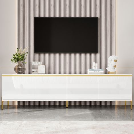Mueble TV alto brillo blanco 170 x 38 x 50 cm con 4 puertas y pasacables HAVRYA (1/5)