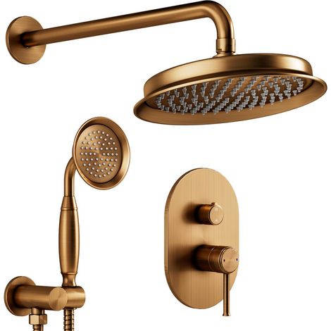 Columna ducha, sistema de ducha empotrado en bronce antiguo, retro Juego de ducha de doble función con cabezal redondo de 230 mm, ducha de mano, manguera de 1,5 m y cuerpo de válvula de latón (1/5)