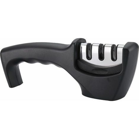 3-stufiger Messerschärfer für Küchenmesser, professionelle Ergebnisse, ergonomisches Design, Keramikstein, Hartmetall, Wolfram, Diamant, schwarze Chromoberfläche. (1/5)