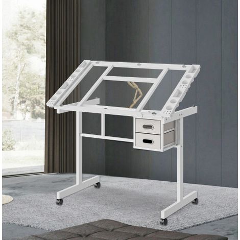 Tavolo da disegno regolabile, piano inclinabile 0-70°, 2 cassetti, 4 ruote, MDF e metallo bianco per studio (1/5)