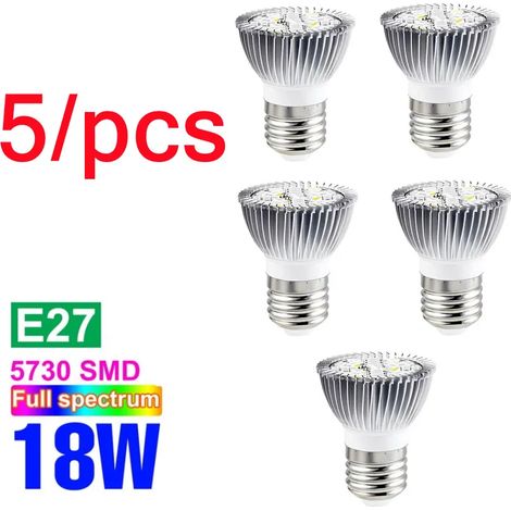 Lampes de croissance pour plantes Ampoule LED de croissance pour plantes (E27 18W, lot de 5 - 85-265 nm) - Spectre complet - Lampe horticole pour serres et cultures hydroponiques.
