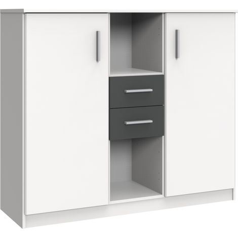 Buffet, meuble de rangement coloris Blanc, rechampis graphite - longueur 122 x hauteur 105 x profondeur 41 cm -PEGANE- (1/2)