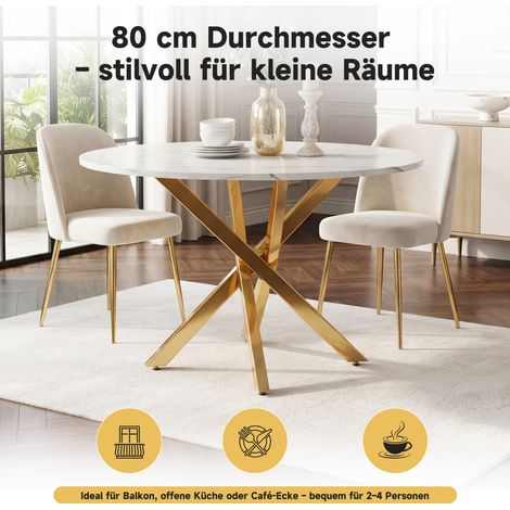 Table de salle à manger ronde (80 x 80 x 75 cm) avec plateau en marbre et pieds dorés. Peut également servir de table basse ou d'appoint. Style moderne et minimaliste, or et blanc. (1/5)
