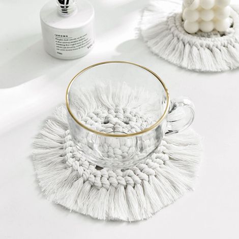 Dessous de verre nordiques en corde de coton tissée à la main, sets de table à pompons, dessous de plat isolants, dessous de plat, blanc cassé (1/5)
