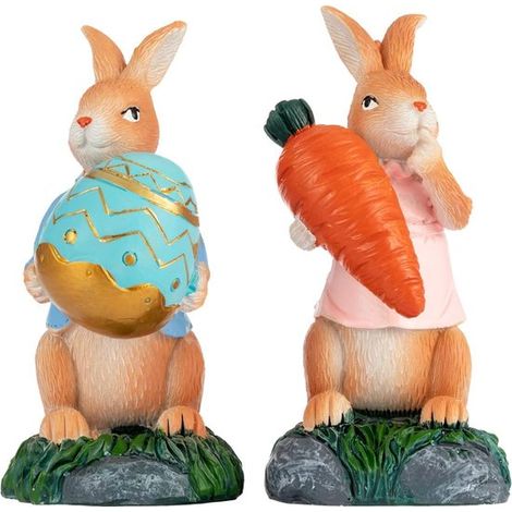 Statue de lapin de Pâques - 2 pièces, carotte et œuf en résine, décoration de table printanière, fête (1/5)