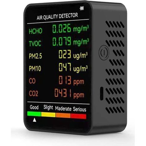 Moniteur de qualité de l'air multifonctionnel 6 en 1 (PM2.5, PM10, HCHO, TVOC, CO, CO2) avec écran LCD, grand affichage, portable (1/5)