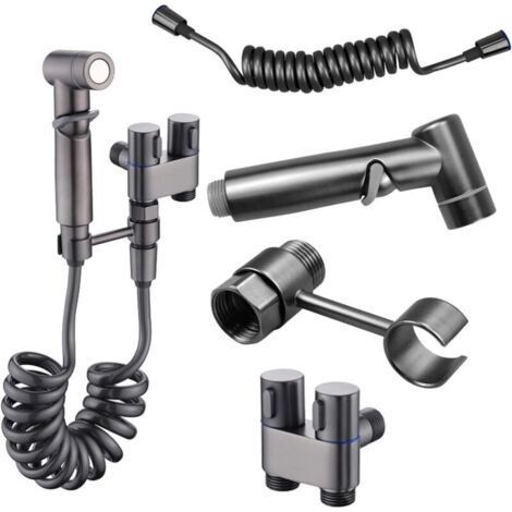 Kit de douche WC avec vanne à 3 voies en laiton avec robinet d'arrêt - Kit bidet WC pistolet gris adapté aux salles de bains et toilettes (1/4)