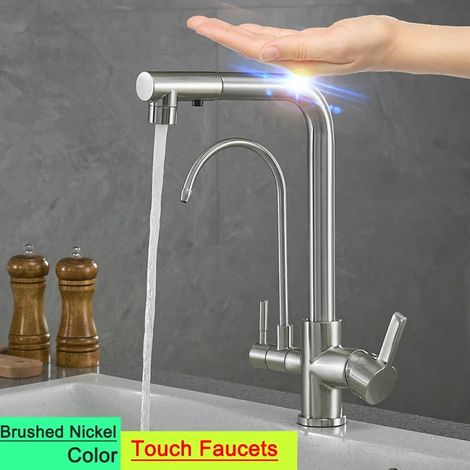 (9146--touch-brushed-G1/2)Nouveau robinet de cuisine tactile avec filtre, mitigeur thermostatique eau chaude/froide à douchette extractible et capteur d'eau pure. (1/5)