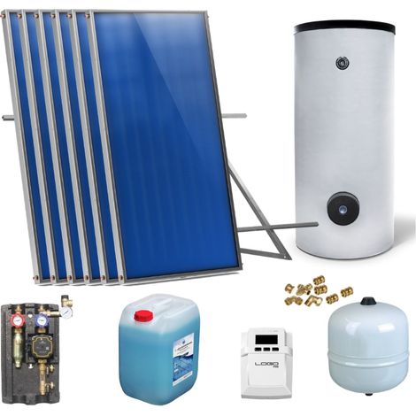 Solaranlage Solarpaket 6 Kollektoren Speicher Flachdach Flachkollektor Speicher (1/5)
