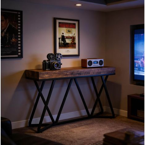 Console industrielle en MDF et métal, 140 x 30 cm, noir et marron rustique HAVRYA (1/5)