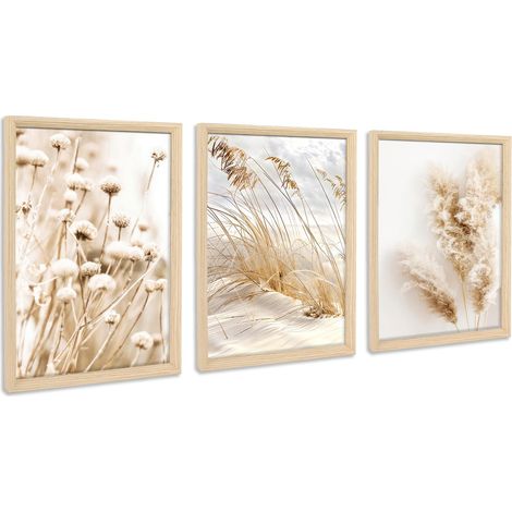 3pcs Cadre En Bois Impression Sur Toile Pissenlit Beige Herbe De La Pampa Tableau Affiche Plage Côtière Tableau Decoration Murale Salon Chambre Maison 90x40cm(12"X16"X3pcs) (Pas De Plexiglas) (1/5)