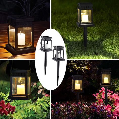 Paquete de 2 faroles solares con velas para uso exterior, adecuados para jardín, terraza, césped, porche y camino. (1/5)
