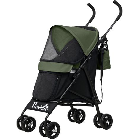 Passeggino per cani con 2 finestre a rete, acciaio, tessuto Oxford, nero e verde scuro, 76x44x103 cm