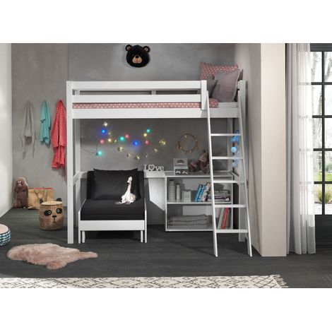 Lit surélevé 90x200 cm avec fauteuil et bibliothèque blanc - PINO (1/5)