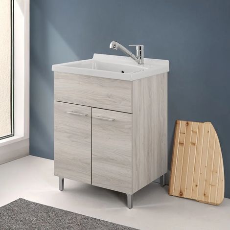 Mobile lavatoio 60x50 rovere grigio con vasca in ceramica Dolomite (1/5)