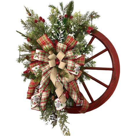 Guirlande avant de Noël, couronne de roue de Noël, guirlande de Noël à suspendre, couronne de baies d'arbre à épingles Vintage porte d'entrée décorative couronne de Noël (1/5)