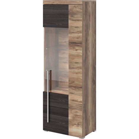 Estantería Sorciro 104, Nuez + Roble oscuro, Con puertas, Cerrable, Aglomerado laminado, Vidrio, Número de puertas: 1, Número de cajones: 0, 160x55x35cm (1/3)