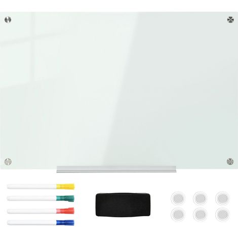 Tableau blanc en verre avec plateau mural sans cadre avec 4 marqueurs et tampon effaceur 90 x 60 cm blanc (1/3)