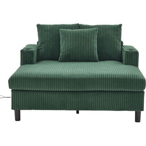 ELVMI Poltrona Chaise Longue con LED, USB e Portabicchieri, Seduta Profonda in Velluto a Coste Verde Smeraldo 142 × 128 × 85 cm (1/5)