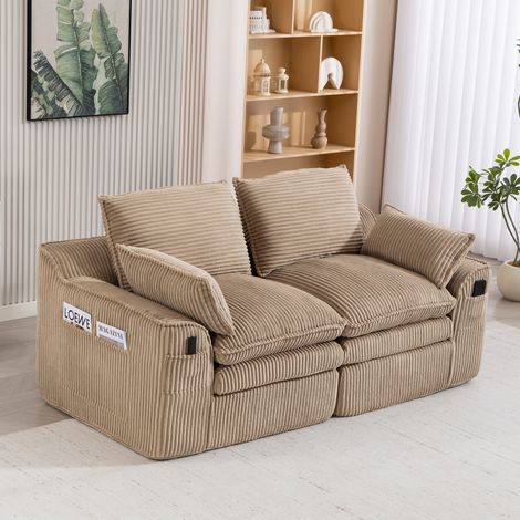 Divano 2 posti in corduroy khaki 191x94x85 cm con tasche laterali, cuscini e imbottitura a 3 strati con molle
