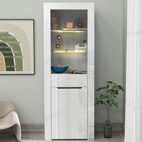 Vetrina bianca lucida con illuminazione a LED, libreria con 1 cassetto e 1 anta per soggiorno e cucina, 60x35,5x165 cm