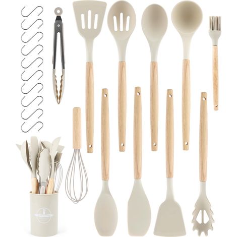 Lot de 12 ustensiles de cuisine en silicone, antiadhésif, résistant à la chaleur, passe au lave-vaisselle, accessoires de cuisine, set de couverts avec seau (Kaki) (1/5)
