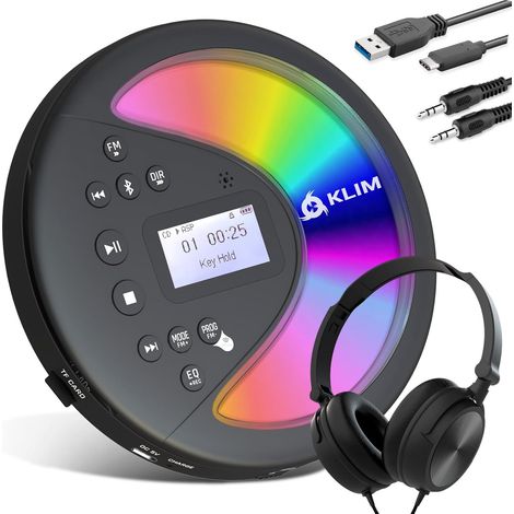 Lecteur CD Portable avec Casque - Batterie Intégrée - CD-RW MP3  Connectivité Polyvalente avec Carte SD, Port Auxiliaire et Transmetteur FM, Protection Anti-Saut pour Écoute Stable - Noir (1/5)