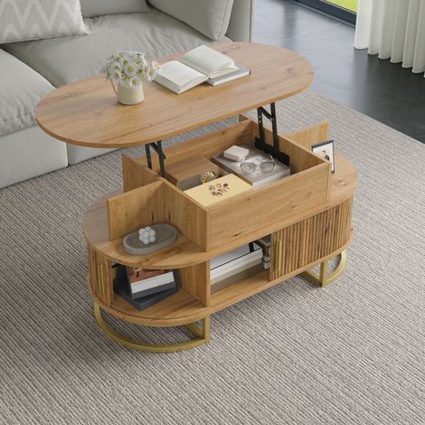 Tavolino ovale sollevabile con contenitori 100 x 50 x 64 cm in MDF naturale e acciaio (1/5)