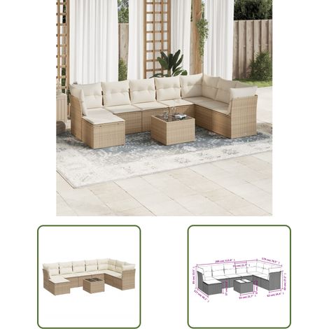 The Living Store Salon de jardin avec coussins 9 pcs beige résine tressée - Ensemble Salon De Jardin - Mobilier De Jardin - Canapé Jardin - Chaise Jardin - Table Basse Jardin (1/3)