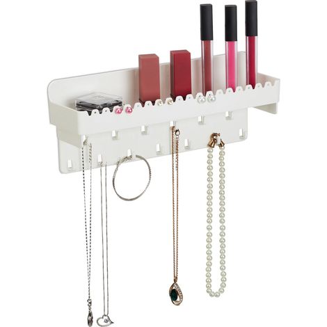 Relaxdays Expositor de Joyas Pared para Pendientes, Collares y Pulseras, Colgador con Balda, 12 x 30 x 8 cm, Blanco