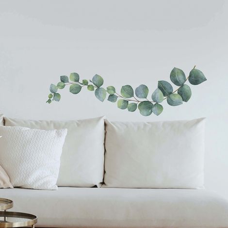 Sticker mural décoratif 68 cm X 24 cm, illustration aquarelle de branche d'eucalyptus, décoration intérieure pour la maison. (1/2)