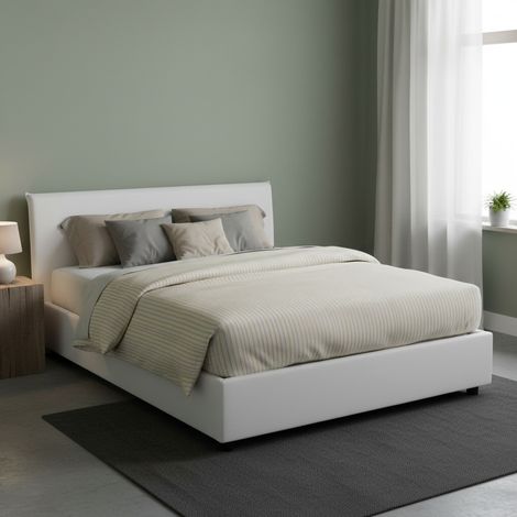 Talamo Italia Cama matrimonial Bibiana, Cama contenedor con revestimiento de tela, 100% Made in Italy, Apertura frontal, con colchón Cm 160x190 incluido, Blanco, con embalaje reforzado (1/5)