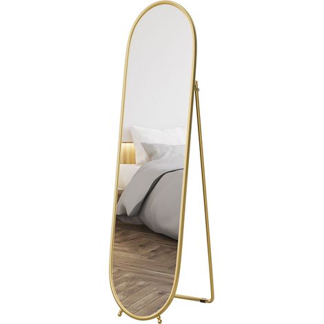 Espejo de Cuerpo Entero, Espejo de Pared con Soporte de 160 x 40 cm, Marco de Metal, Espejo de pie Ovalado para salón, Dormitorio, Dorado