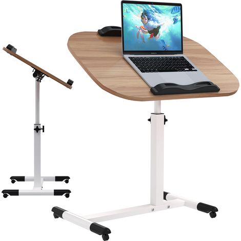 Table d'Ordinateur Portable Réglable en Hauteur - Plateau Bois Naturel & Structure Métallique Robuste avec Roulettes Blocables, Bureau Ambulant Multifonction pour Canapé/Bureau à Domicile - Gain de Pl (1/5)