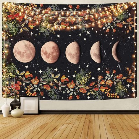 Tenture murale 130x150cm Lune Phases, Guirlande Fleurs Vigne, Décor Noir Floral, Panneau Tissu Chambre Salon, Tapisserie Bohème Étoilée (1/5)