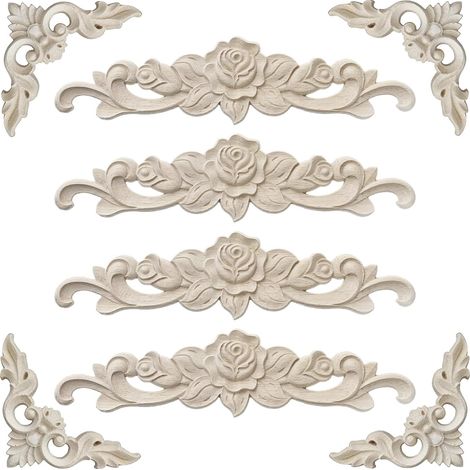 8 Pieces Decorative Wooden Moulding Unpainted Applique for Furniture, Bed, Door, Window - DIY Handmade Decoration (4 Corner Ornaments, 4 Long Carved) (1/5)