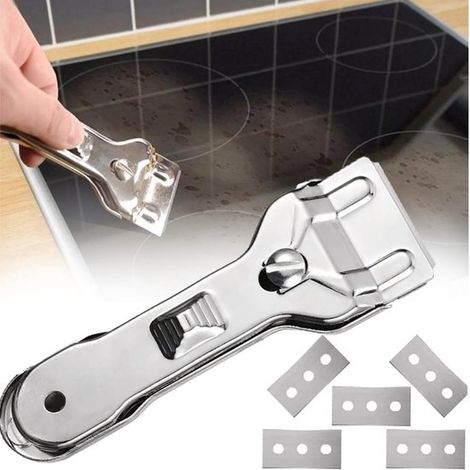 Racloir pour plaque de cuisson avec 5 lames de rechange, grattoir pour vitrocéramique, induction et plaques halogènes (1/5)