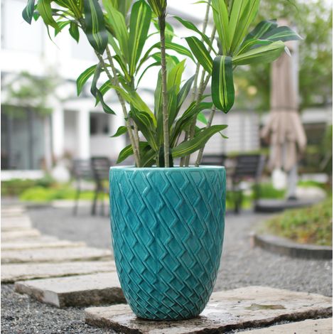 Grand pot de fleurs en céramique Ø 42 x H 54 cm, émail cyan brillant à relief losangé, OKWISH (1/5)