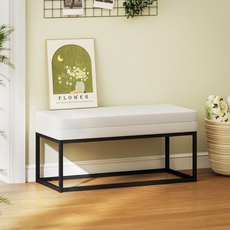 Banc d'entrée moderne en acier, mousse et revêtement en velours, pieds réglables, 94 x 42 x 44 cm, crème (1/5)