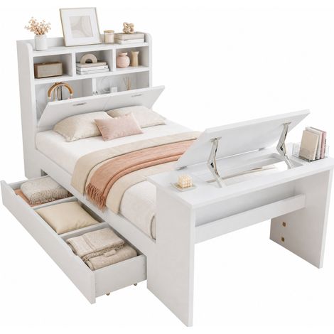 CHICFURN Cama infantil individual 90x200 con almacenaje, cabecero con estante, cajón lateral reversible y mesa abatible regulable para dormitorio juvenil moderno (1/5)