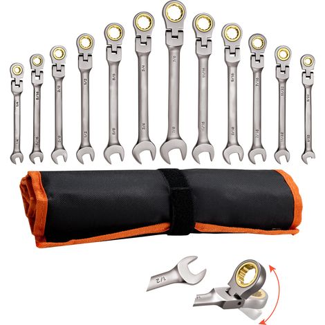 Mophorn Set di Chiavi Combinate a Cricchetto Flessibile 12 Pezzi, con Testa Snodabile, Meccanismo a 72 Denti, Misure SAE, in Acciaio Cr-V, con Custodia, Ideale per Casa e Auto (1/5)