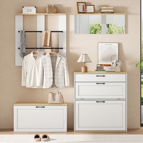 Conjunto de recibidor 156x36x176 cm, modular con zapatero abatible, banco y espejo, MDF y tablero de partículas, blanco y natural (1/5)