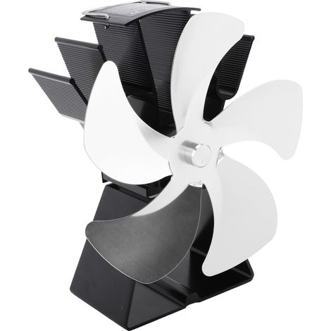 Ventilateur pour poêle à bois, 5 pales, base trapézoïdale verticale, ventilation thermique portable, argenté, idéal pour la maison et le camping. (1/5)
