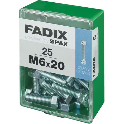 Caja de 25 unidades de tornillo métrico con cabeza hexagonal y tuerca en cinc M 6x20mm Fadix (1/2)