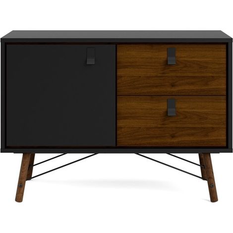 Madia soggiorno nero opaco e noce con due ante e due cassetti 101 x 40 cm - Longarone