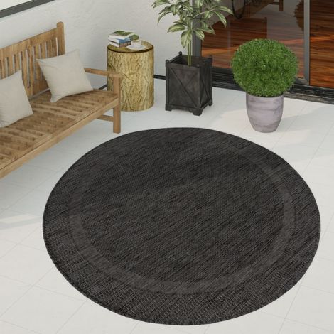Paco Home Outdoor Teppich Flachgewebe in Sisal-Optik mit Bordüre UV-beständig robust Anthrazit, 120 cm Rund