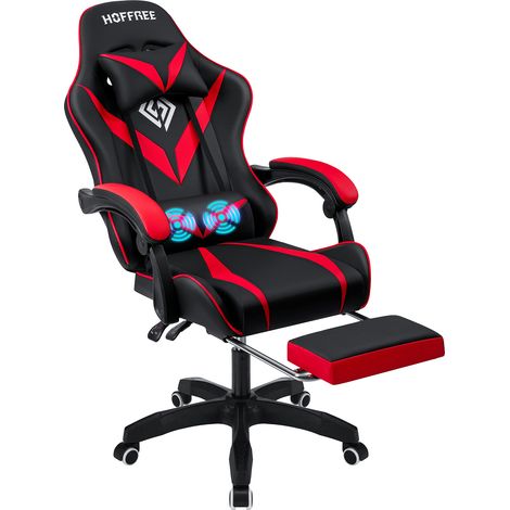 Gaming-Stuhl mit Massage, ergonomischer Bürostuhl mit Fußstütze und Lordosenstütze, Gaming-Stühle – Schwarz + Rot