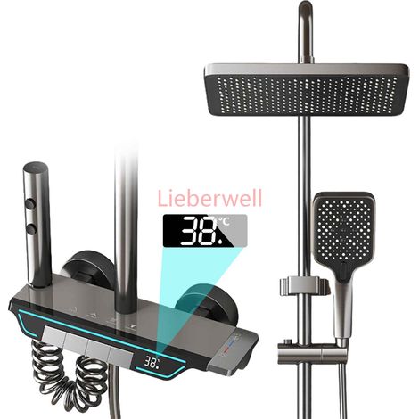 Ensemble de douche thermostatique gris anthracite avec affichage numérique et éclairage LED, commandes à touches piano, système de douche de salle de bain à 4 sorties effet pluie (1/5)