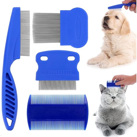 Ensemble de peignes anti-puces bleus pour chats et chiens, peigne de toilettage multifonctionnel en 4 pièces pour chiots et chatons, outil d'épilation. (1/5)
